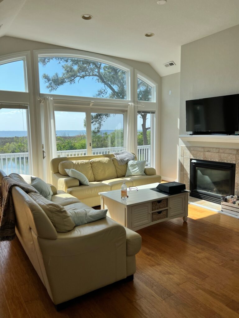 Blogger Amanda Seibert's living room in her beach house rental in North Carolina